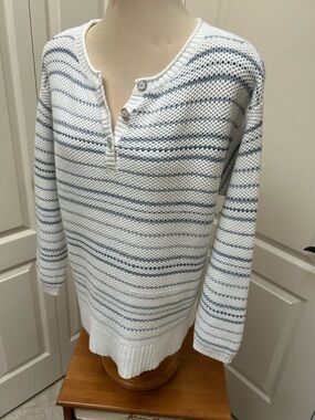 Striped Knit Henley Sweater in White and Blue